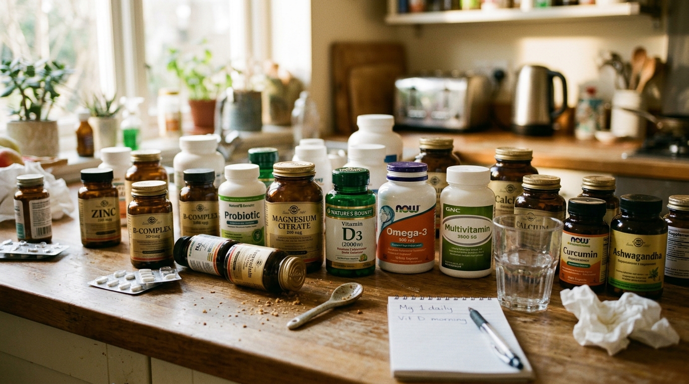 various heart supplement bottles scattered on counter