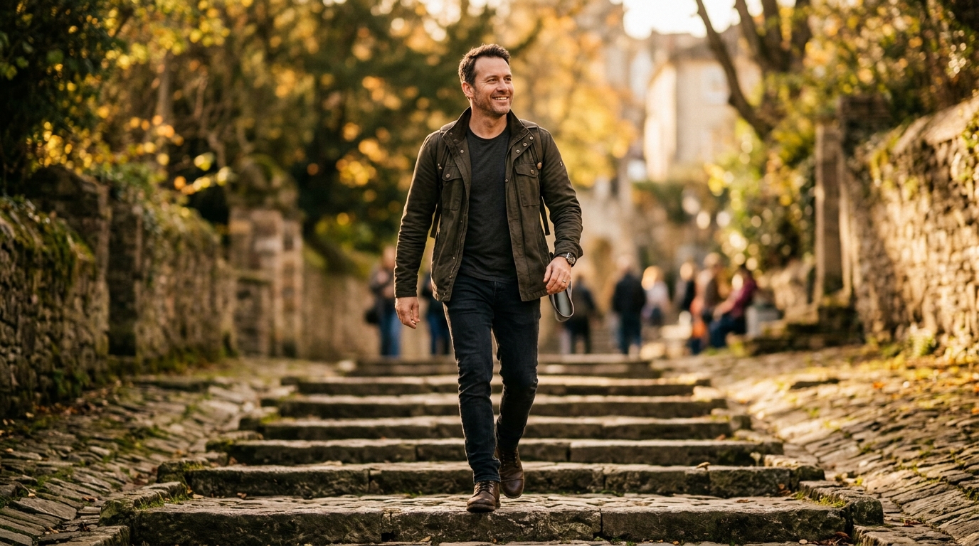 man easily climbing stone steps with confident stride