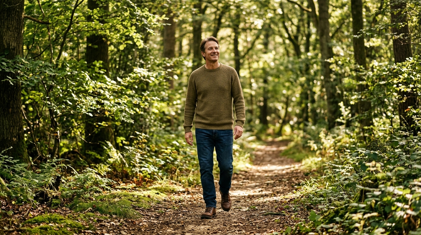 man walking peacefully through dappled forest sunlight