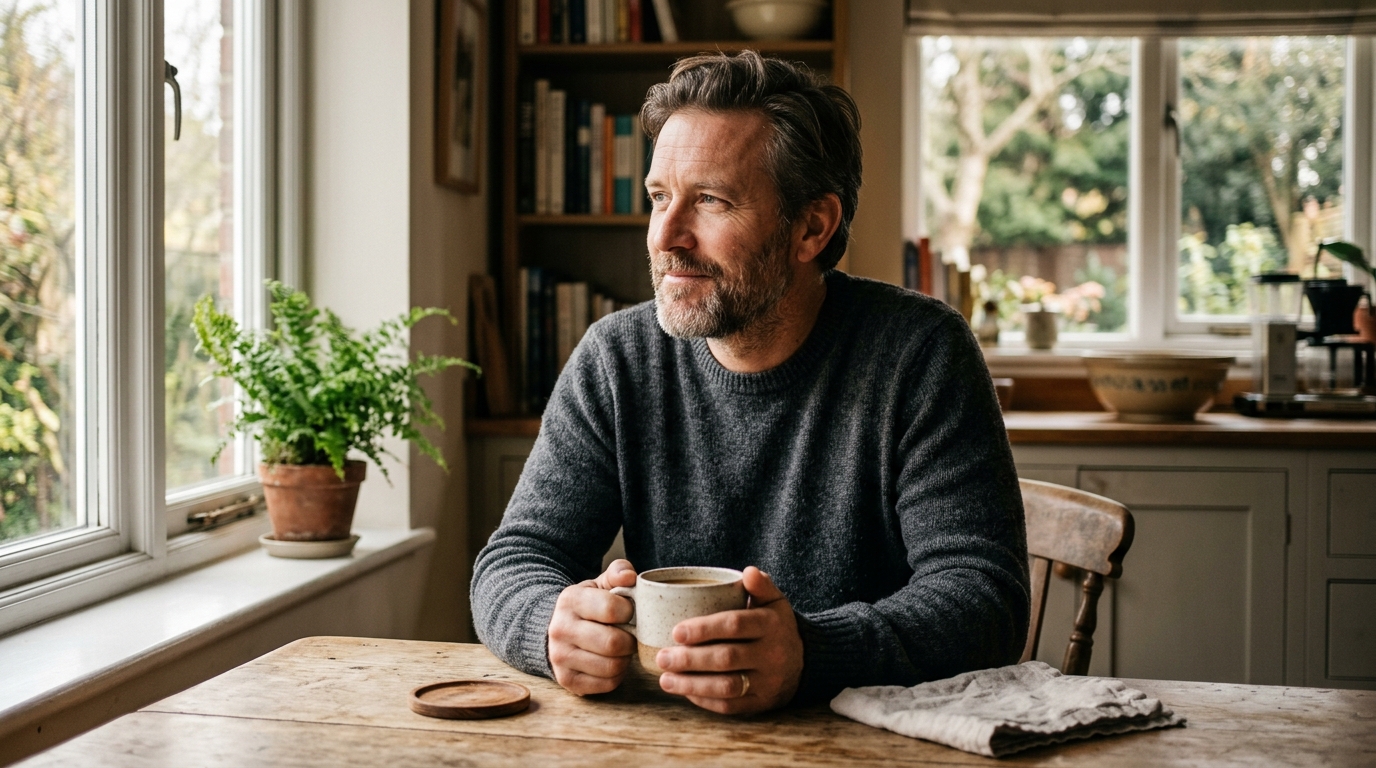 man sitting contentedly with morning coffee reflecting positively