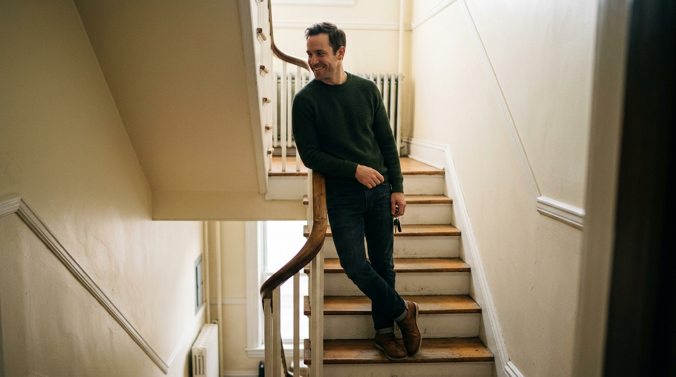 man at top of stairs showing quiet confidence and ease