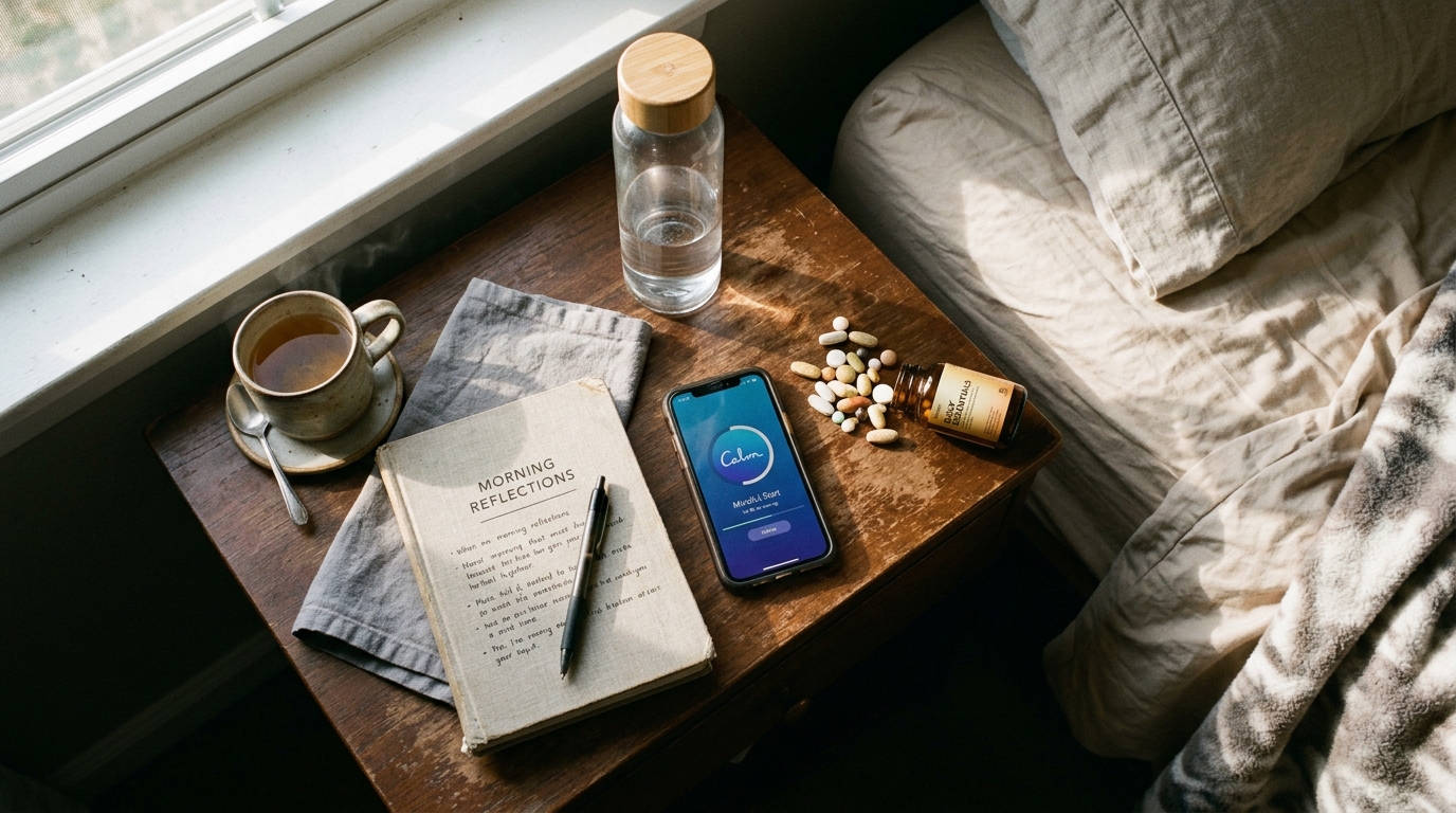 wellness items on bedside table