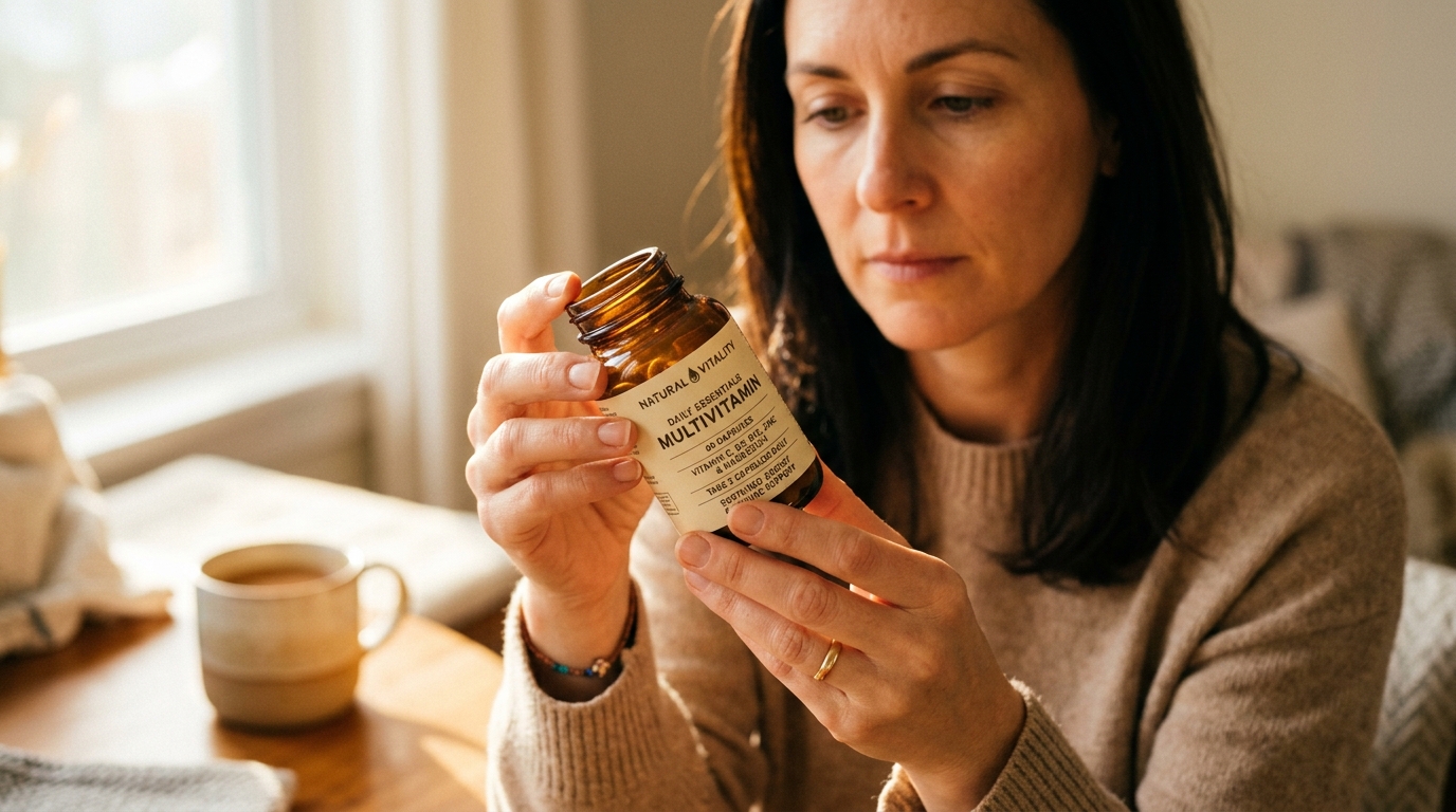 hands reading supplement label carefully