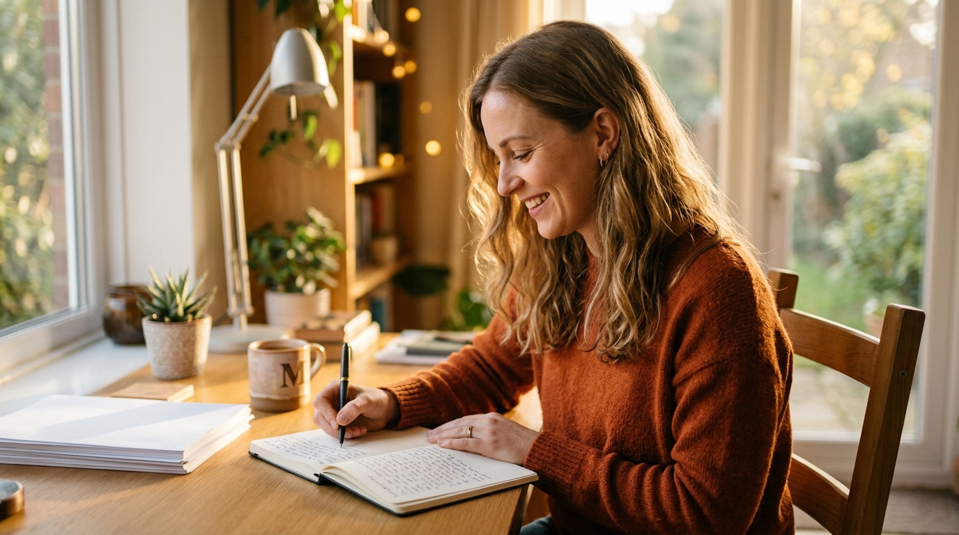 woman writing with clear focus and ease