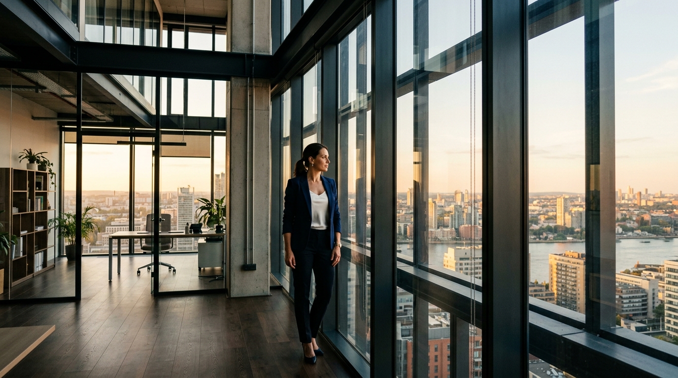 woman standing confidently by office windows