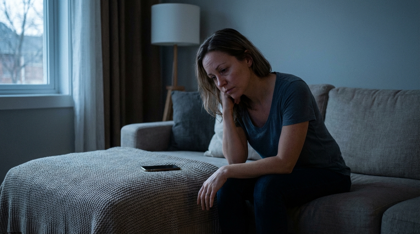 Woman sitting quietly on a sofa at dusk after putting her phone down