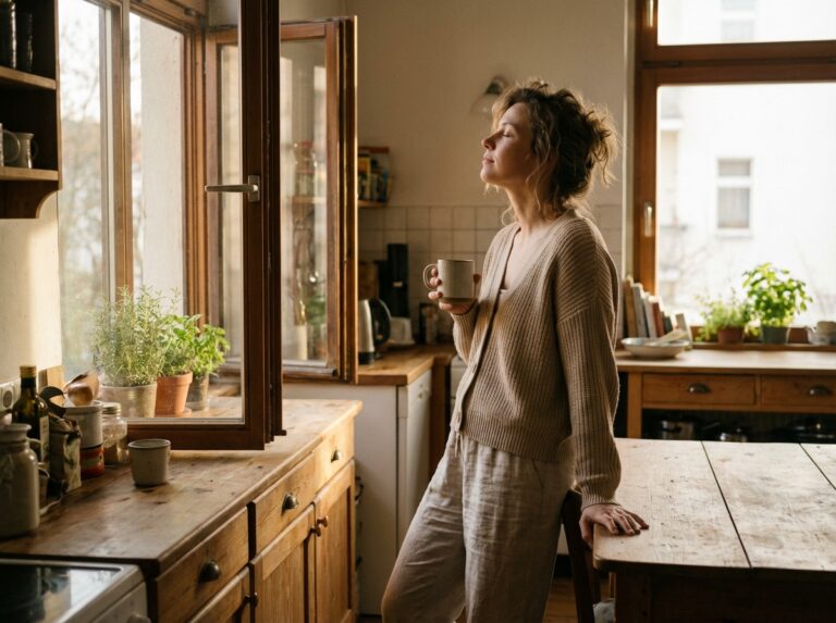 Woman in soft morning light by an open kitchen window, looking more grounded and present