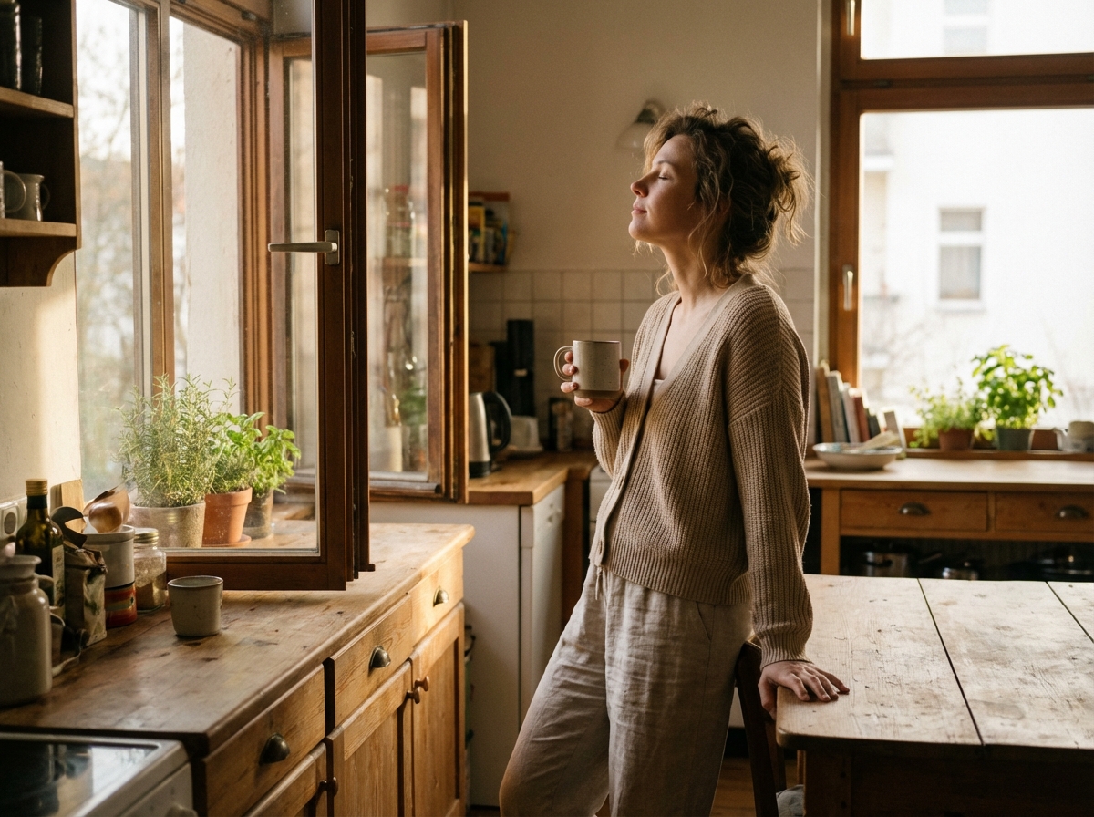 Woman in soft morning light by an open kitchen window, looking more grounded and present