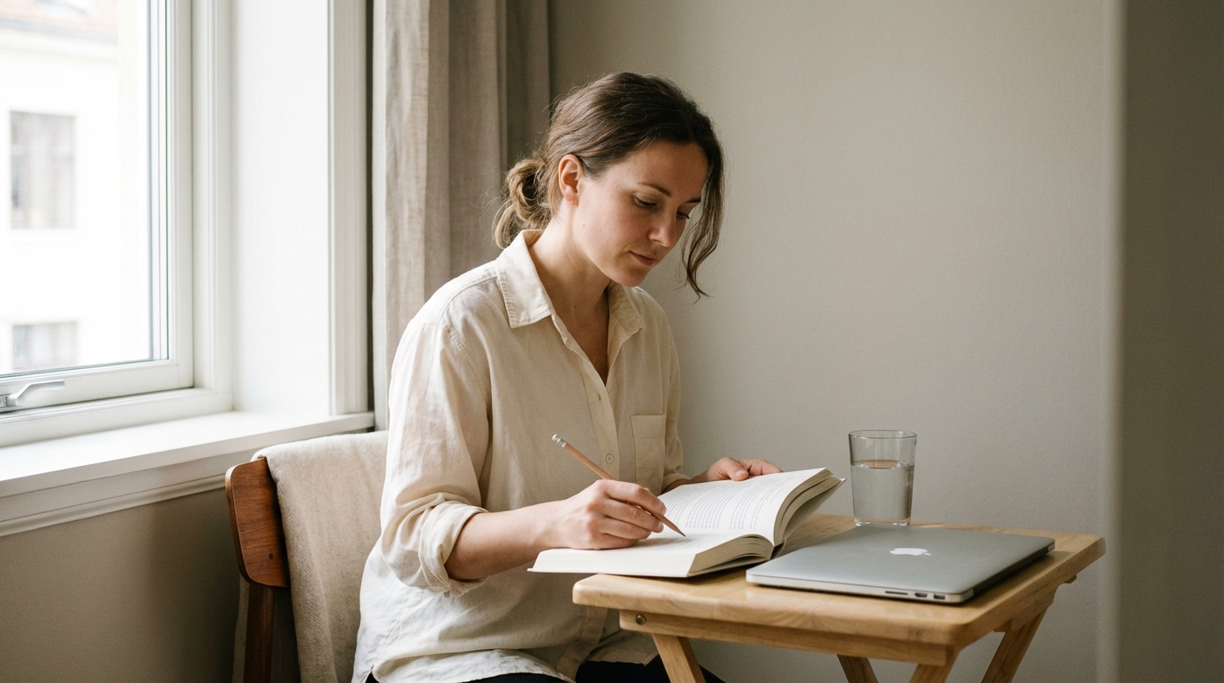 Woman reading calmly at a sunlit desk with an expression of clearer focus