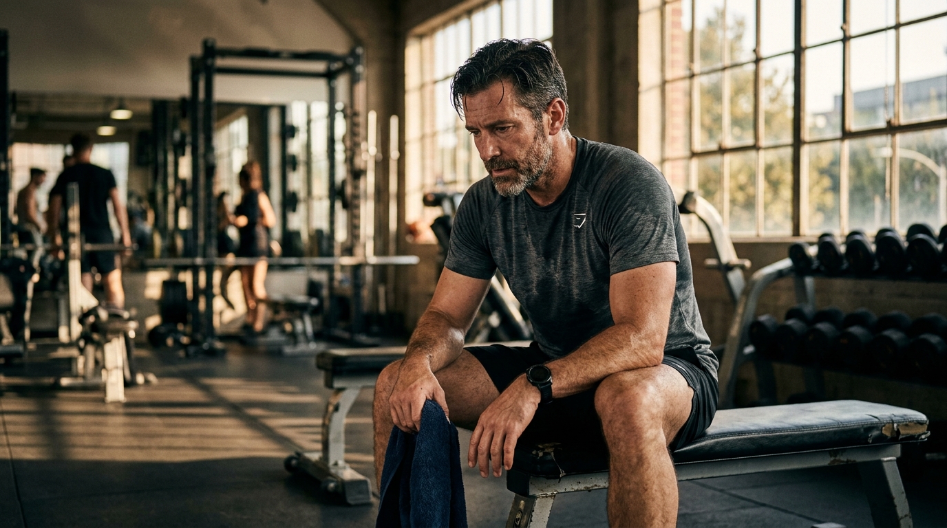 man contemplating fitness recovery gym setting afternoon
