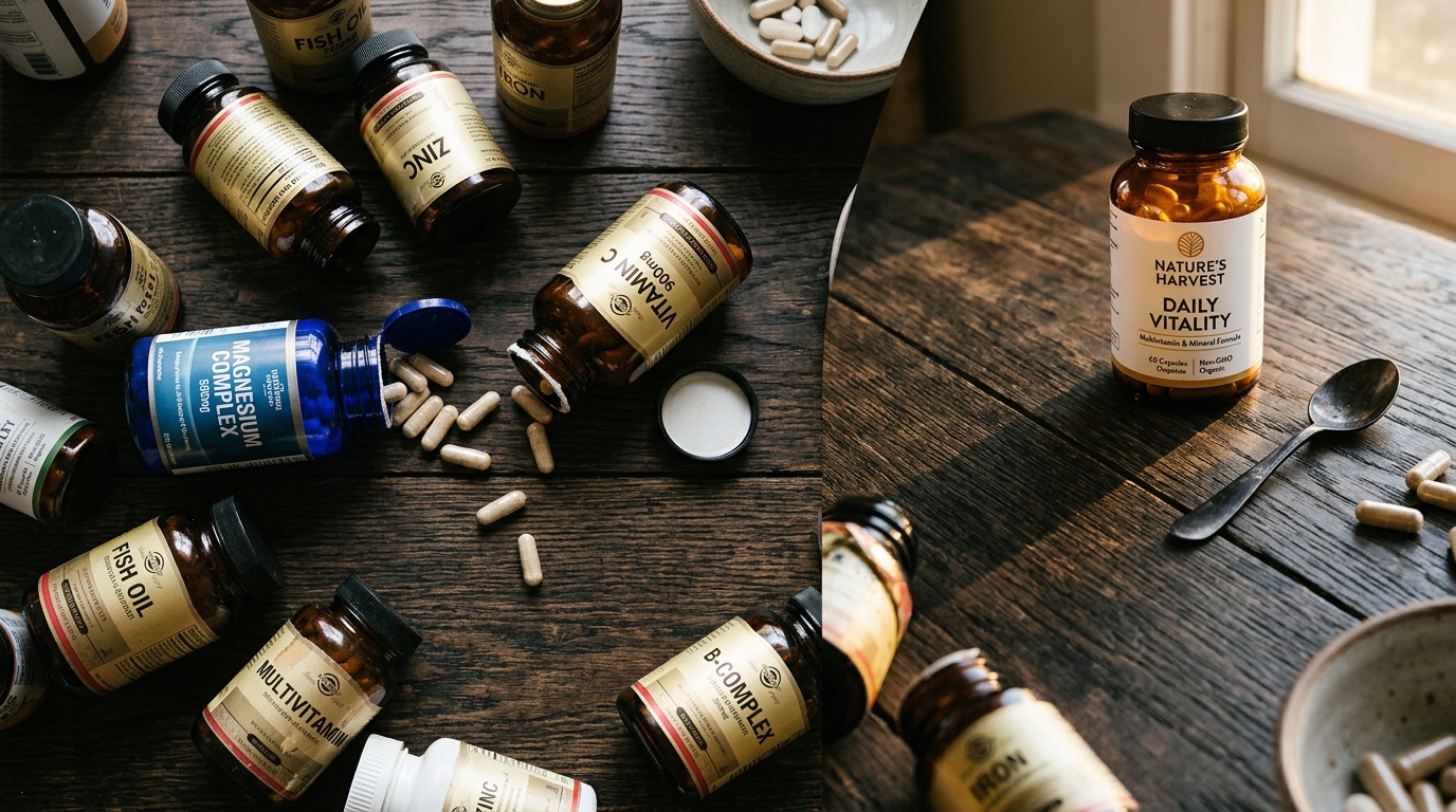 scattered supplement bottles versus single quality bottle