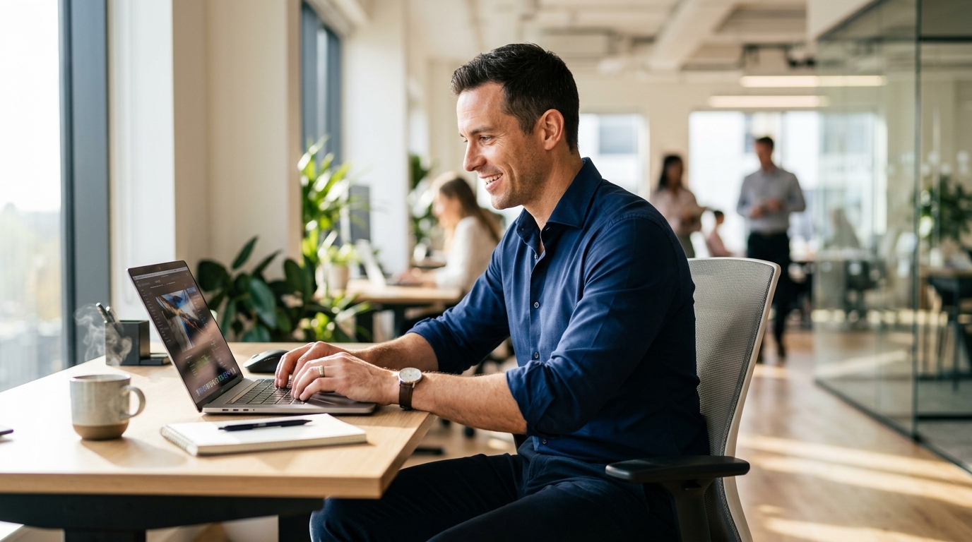energized professional man working confidently bright office