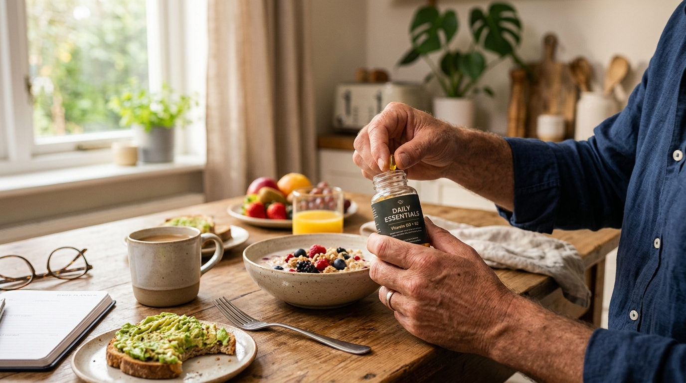 hands taking daily supplement morning routine breakfast