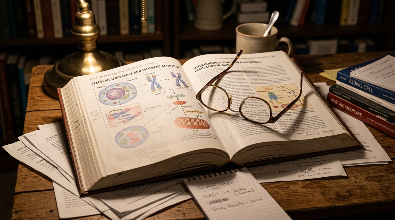 longevity research textbook cellular diagrams reading glasses