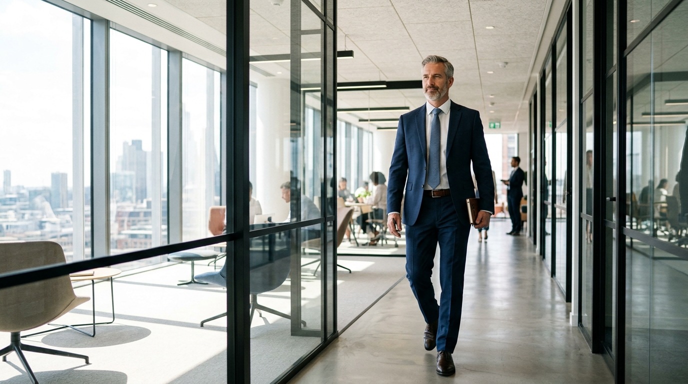 confident man walking glass office corridor natural light