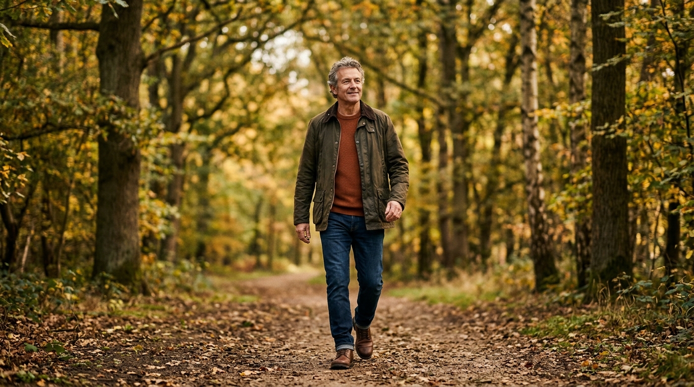 Man walking with steady confidence through natural setting