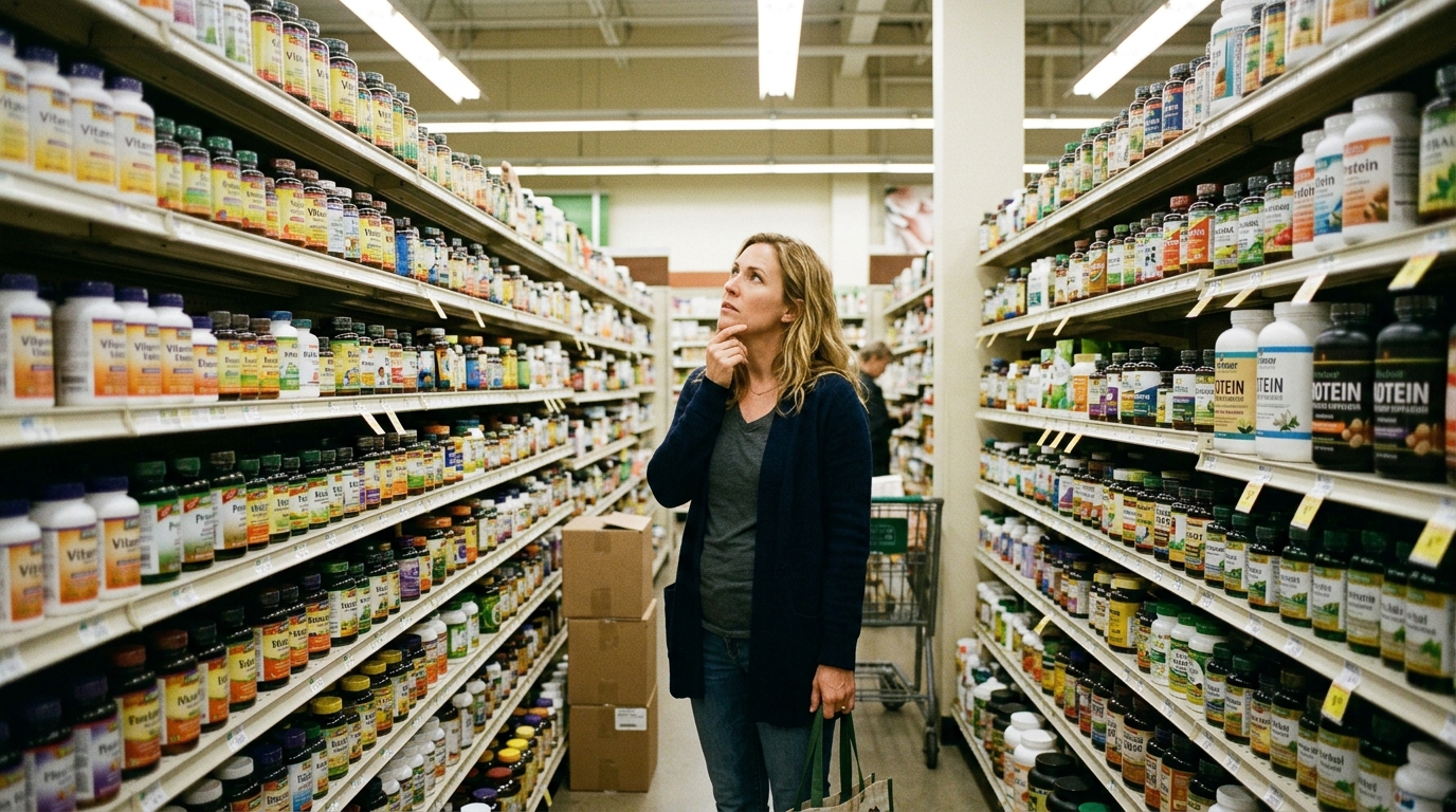 Woman navigating crowded supplement aisle with countless options