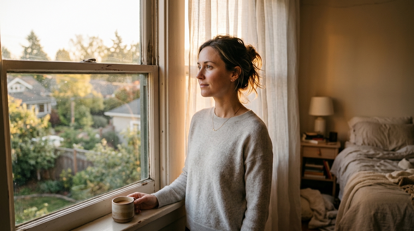 Woman experiencing clear morning energy by window