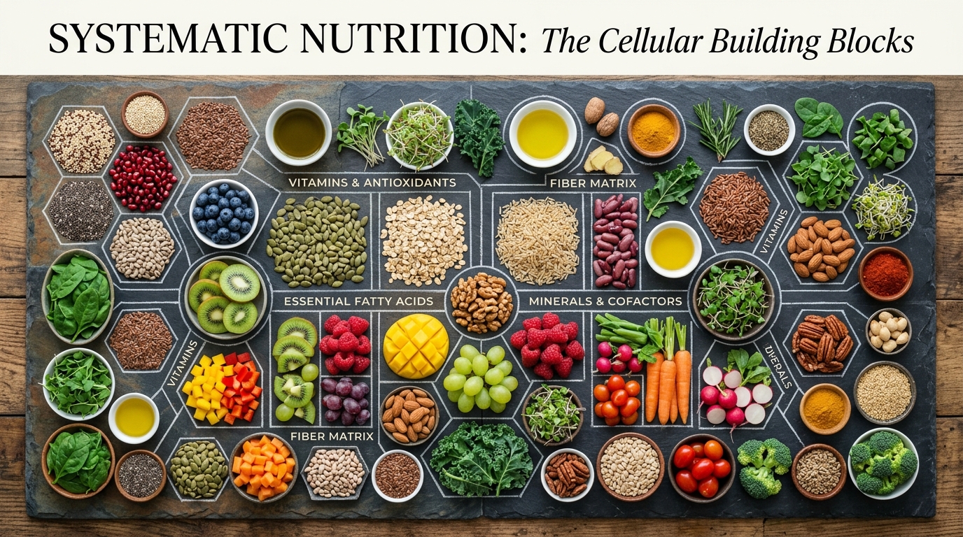 Geometric arrangement of whole foods suggesting systematic nutrition