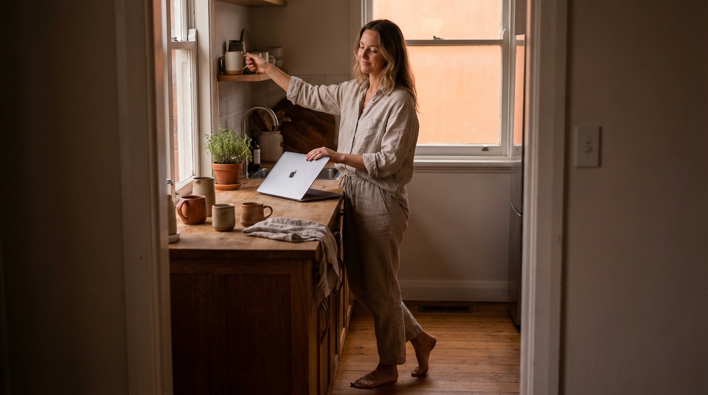 Woman closing her laptop in a calm kitchen at the end of the day