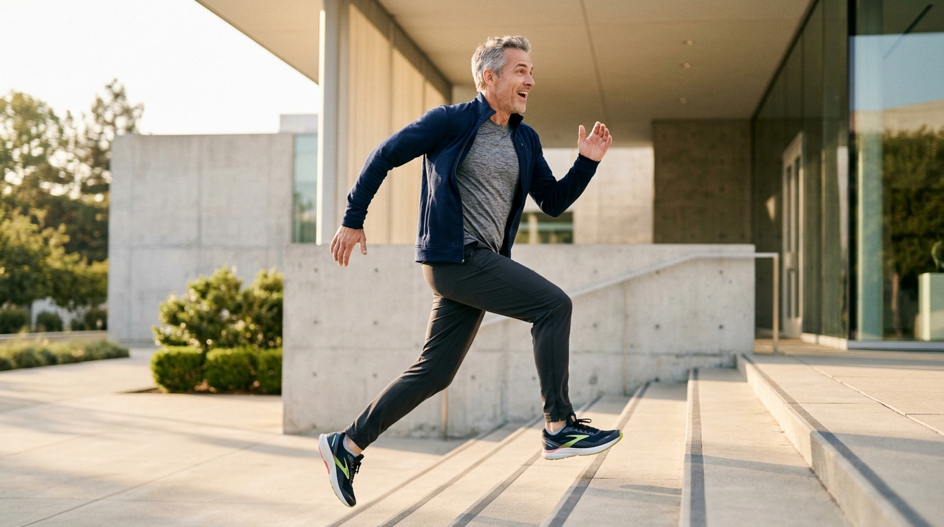 energetic man taking stairs two at a time