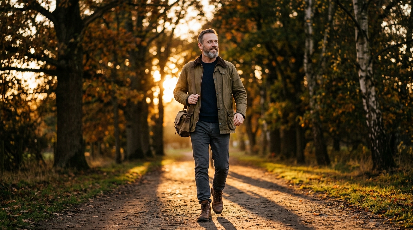 confident man walking purposefully on tree lined path