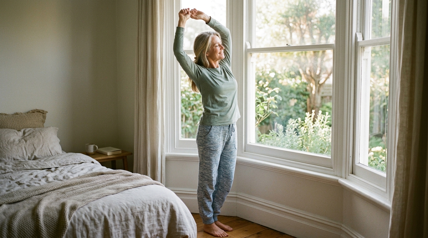 woman natural morning stretch bedroom window sunlight