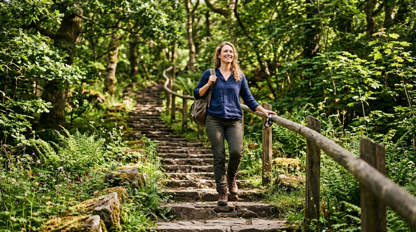 woman walking stone steps natural confident stride