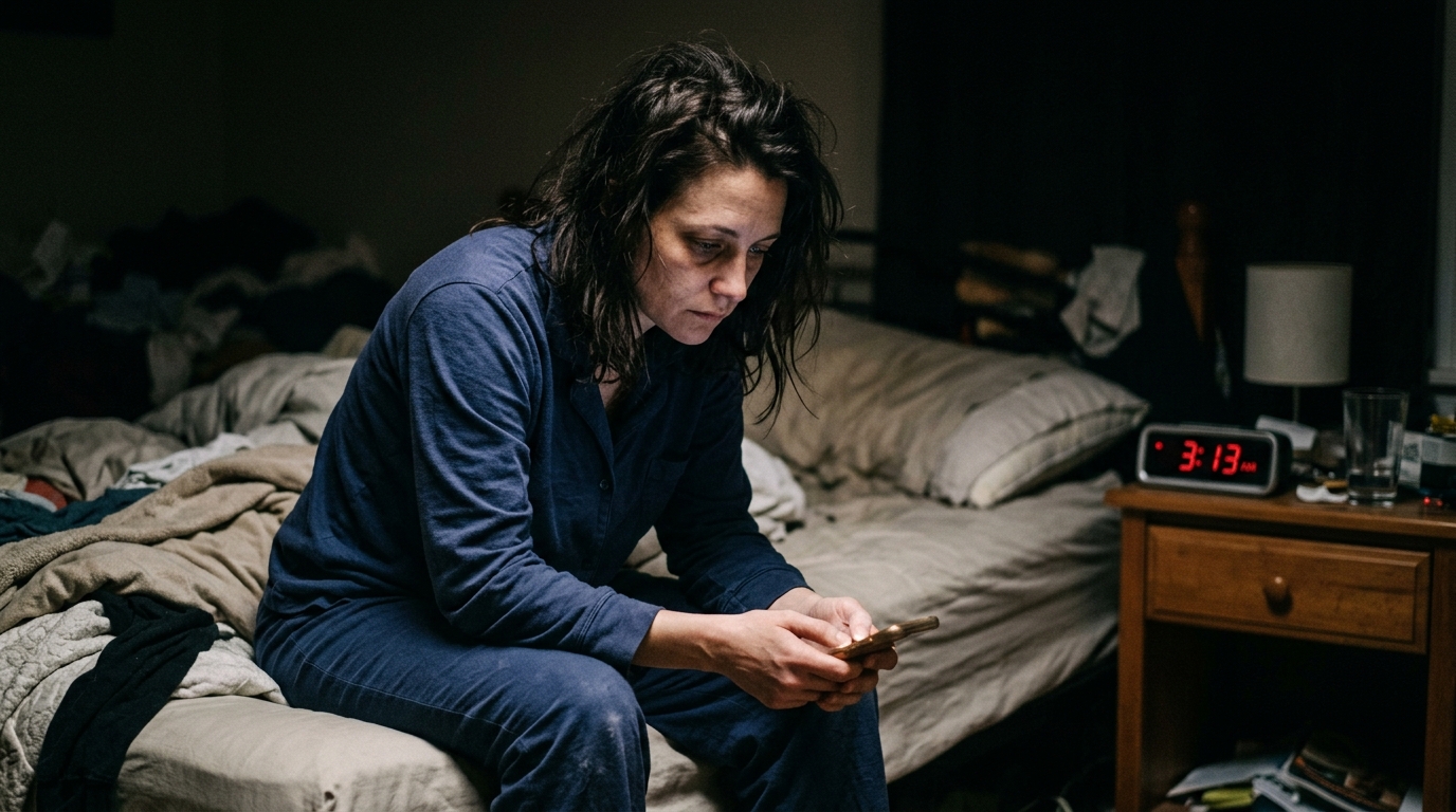 woman sitting on bed unable to sleep at night
