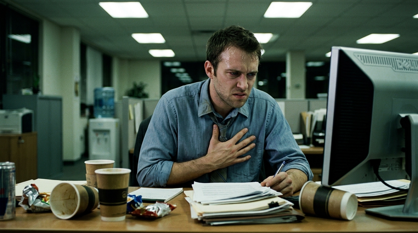stressed man at office desk showing physical anxiety symptoms