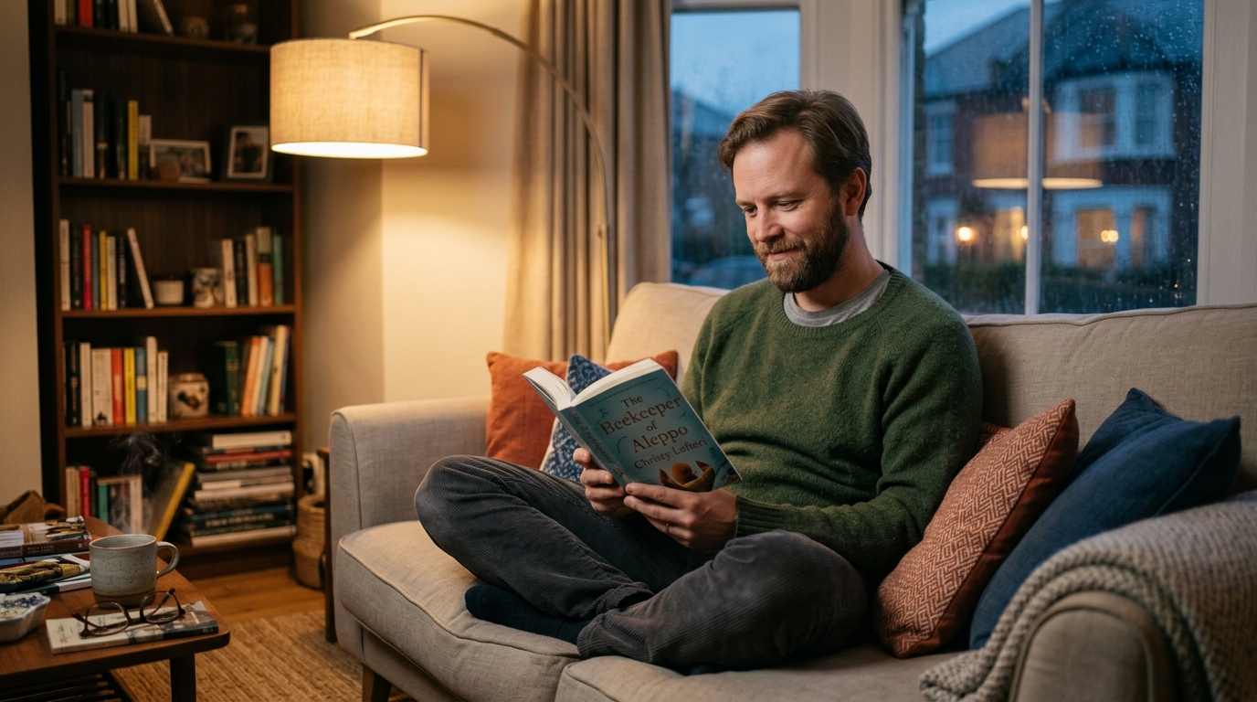 calm man reading book in peaceful evening setting