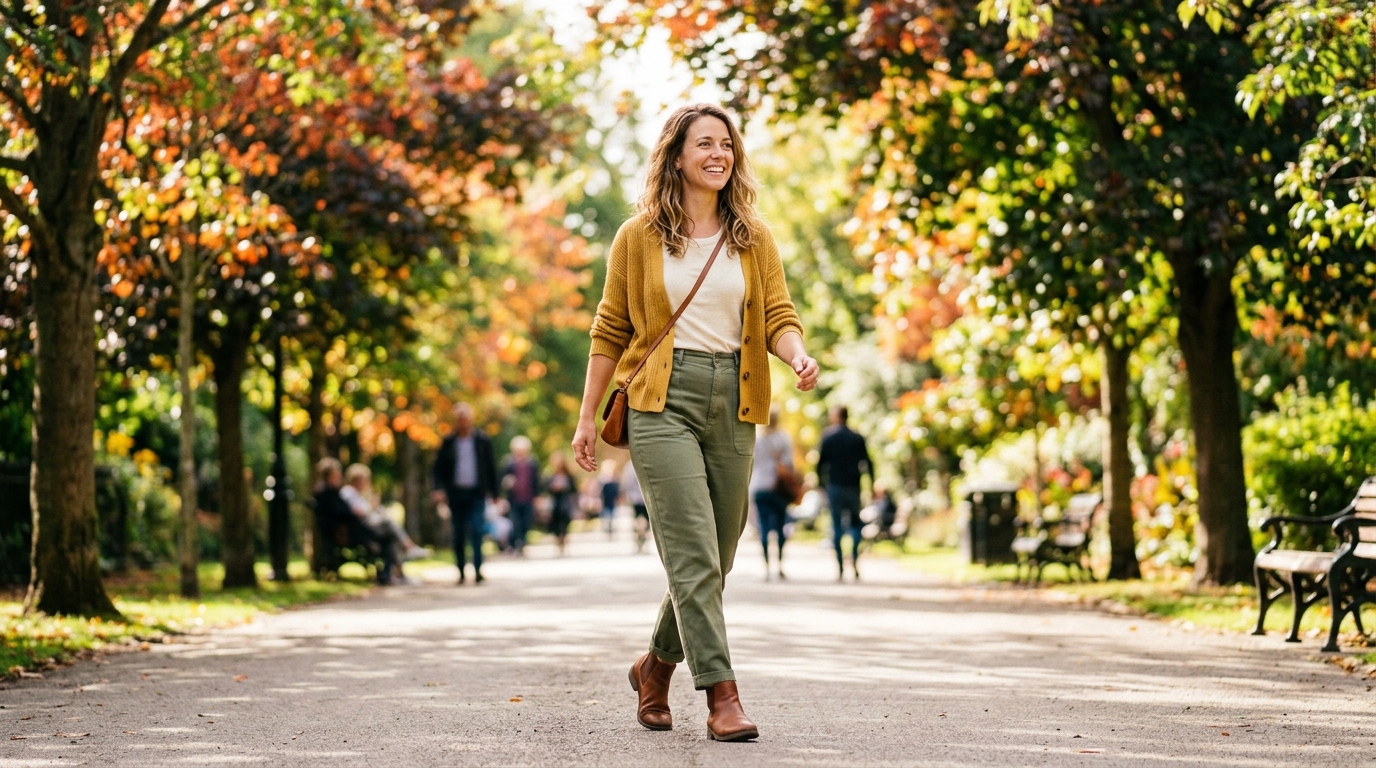confident woman walking outdoors with renewed energy