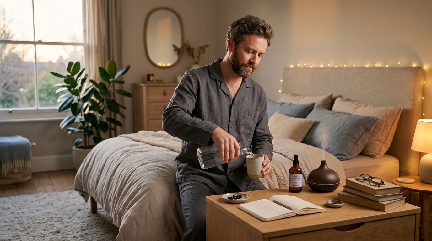 man preparing peaceful bedtime routine at dusk