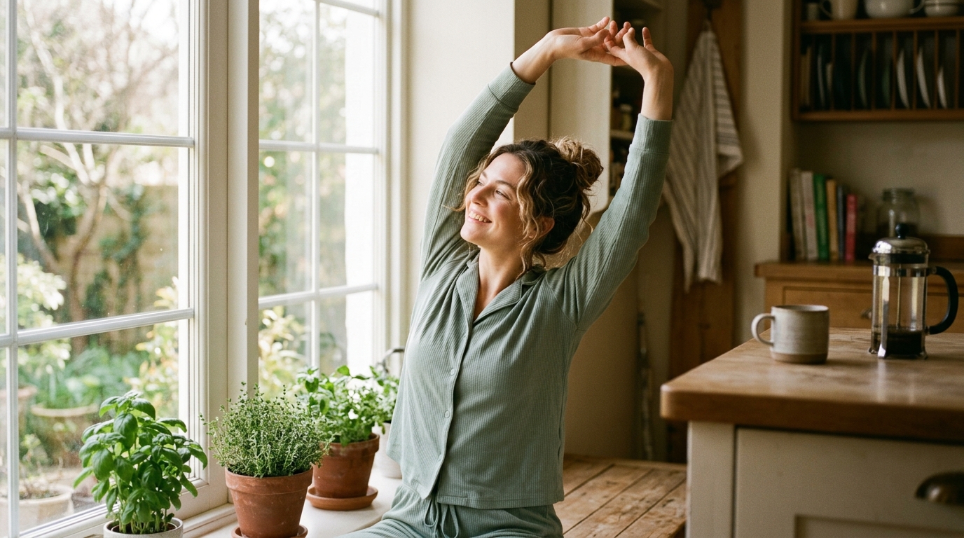 woman stretching with vitality in morning light