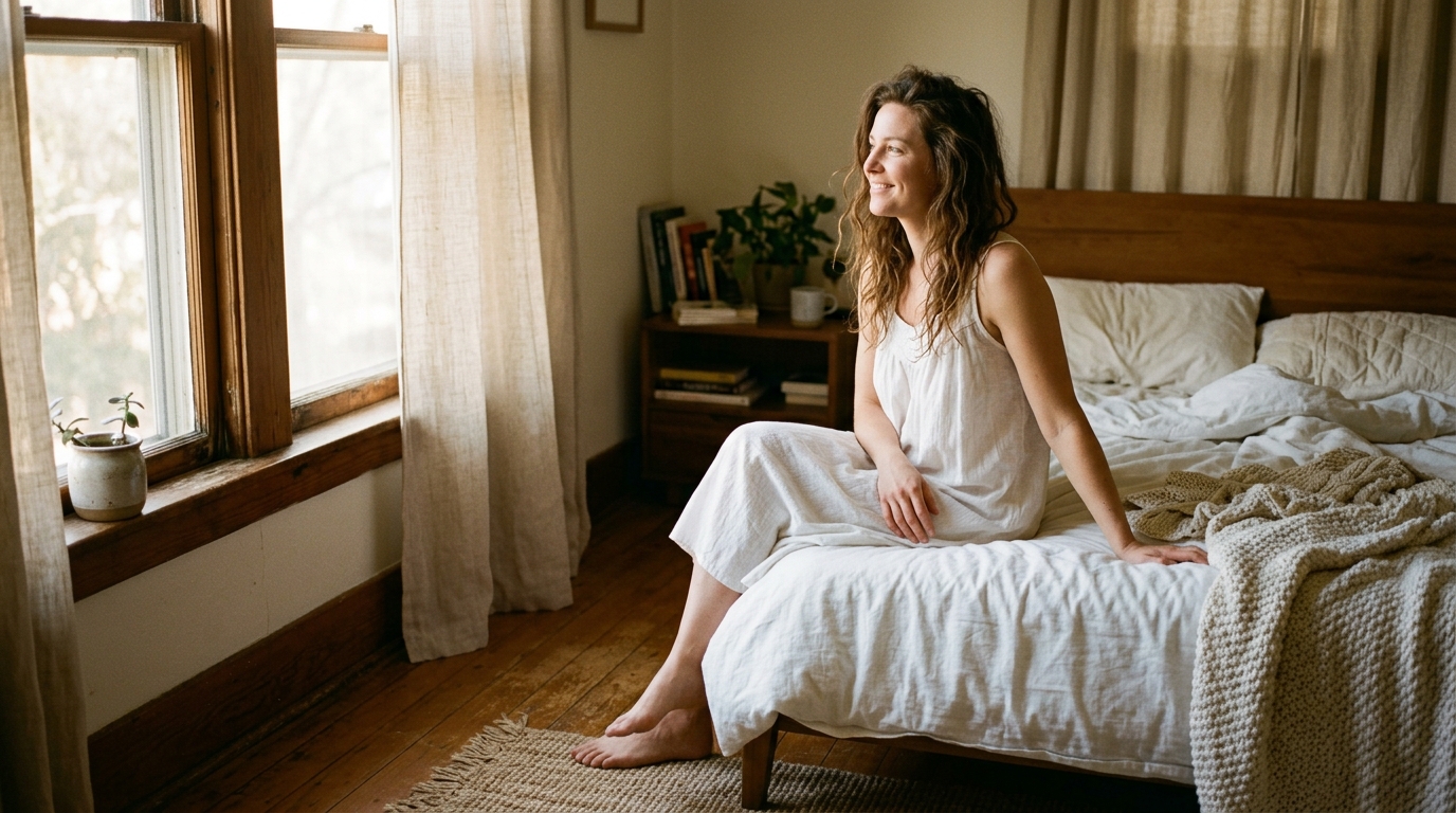 woman sitting peacefully on bed in morning