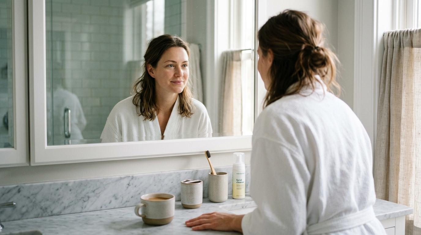 woman examining refreshed complexion in bathroom mirror