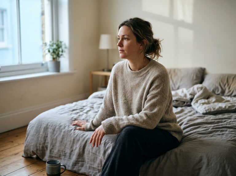 Woman sitting at edge of bed in early morning light looking toward window