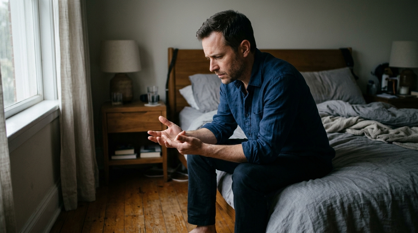 man examining hands morning bedroom lighting