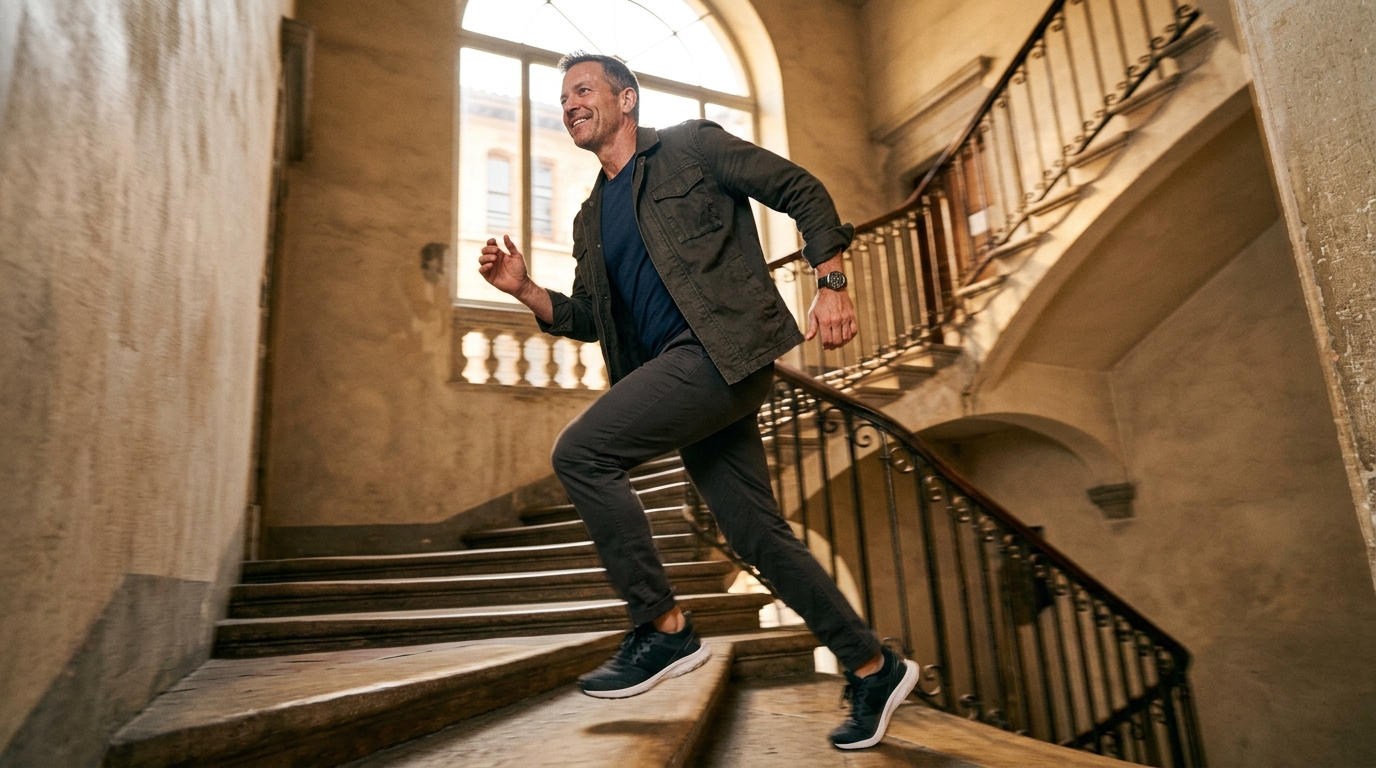 man climbing stairs with energy confidence