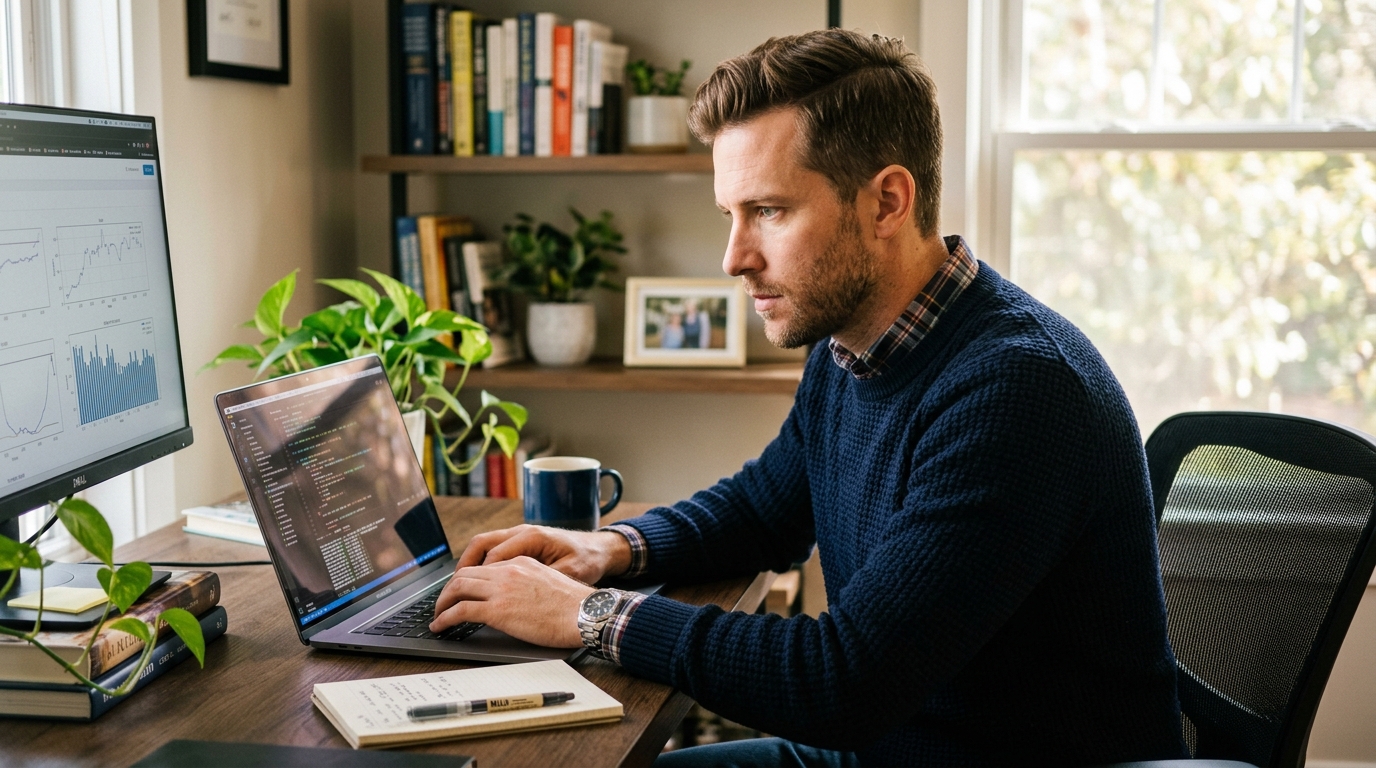 focused man working with mental clarity