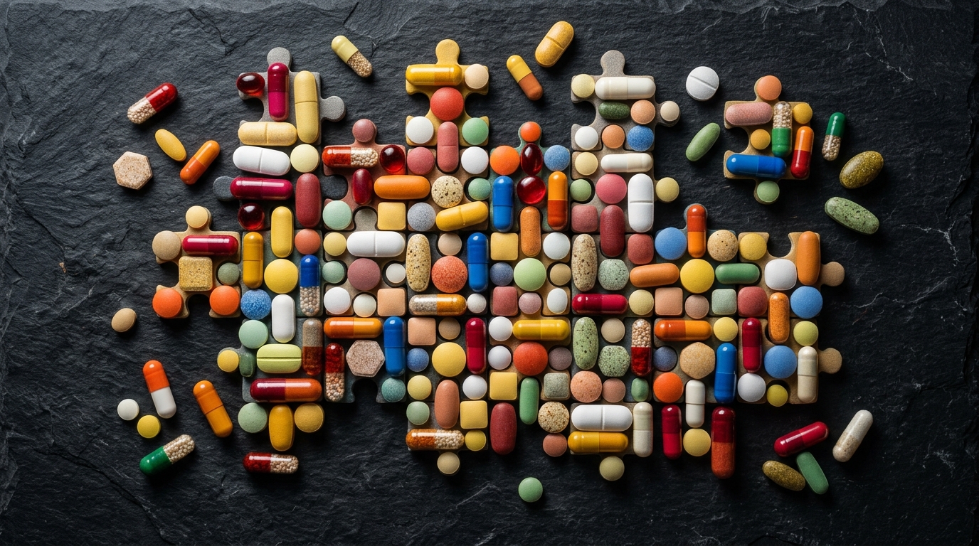 nutritional supplements arranged like puzzle pieces