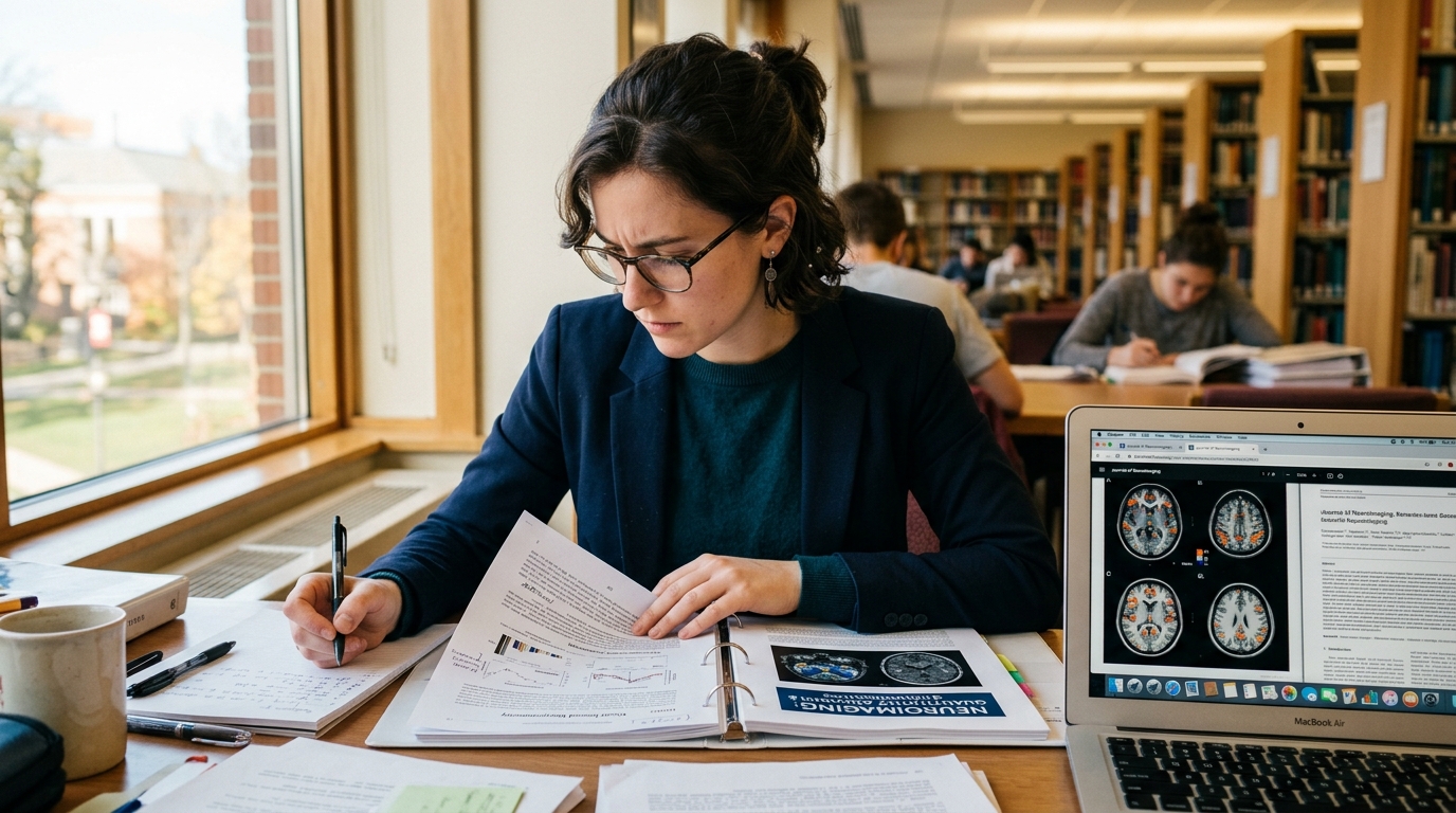 woman studying with focused concentration and brain scans