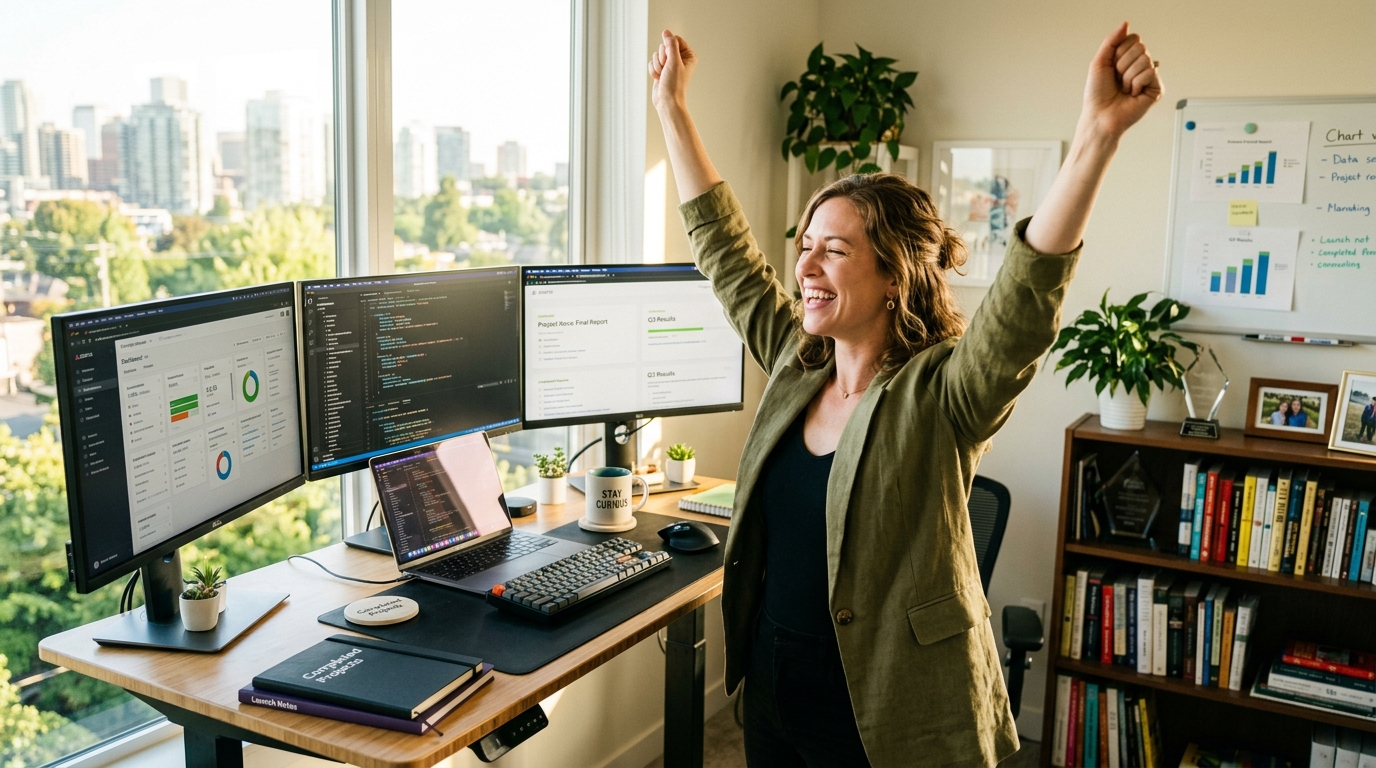 woman celebrating mental clarity and productivity at workspace
