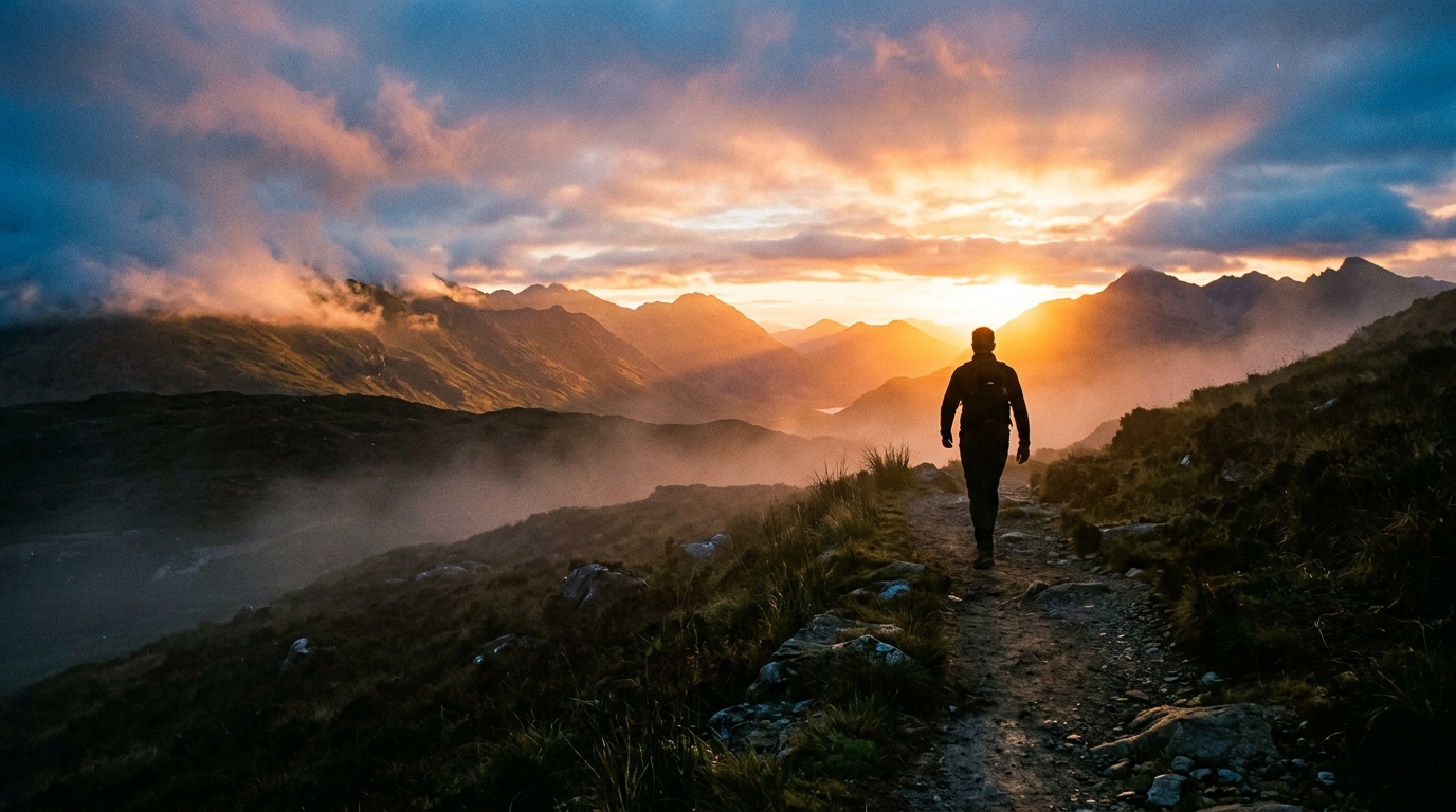 man walking from fog toward clear horizon