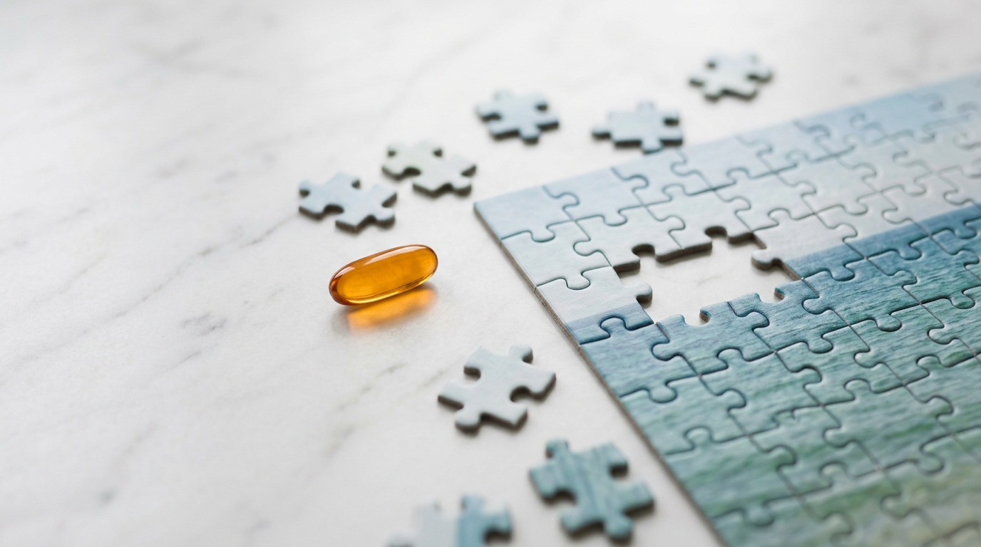 fish oil capsule next to incomplete puzzle pieces