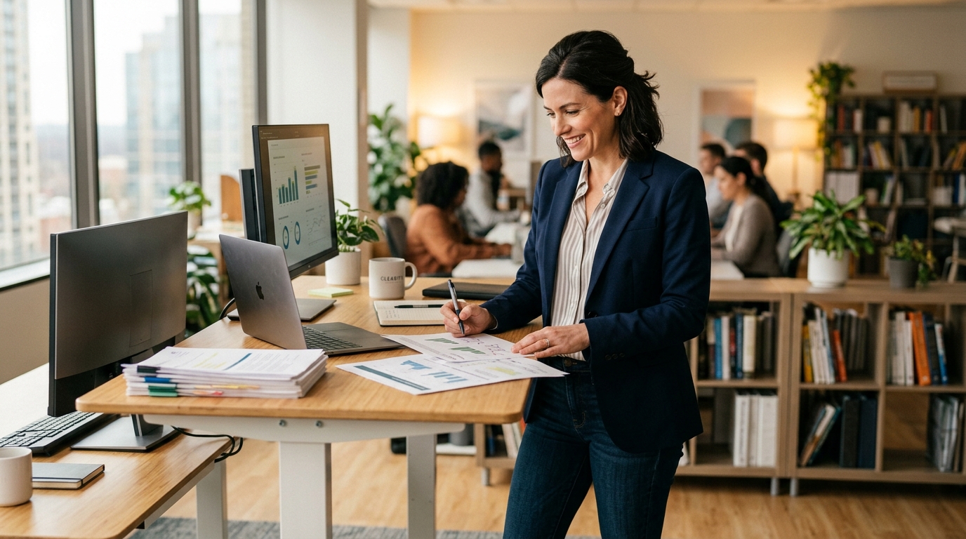 professional woman working with clear focus and energy