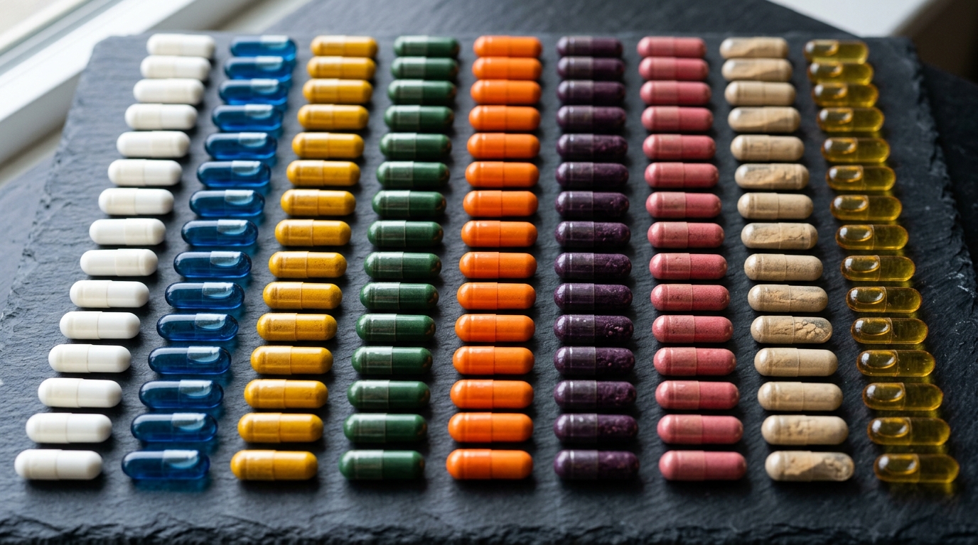 variety of nutritional supplements arranged systematically