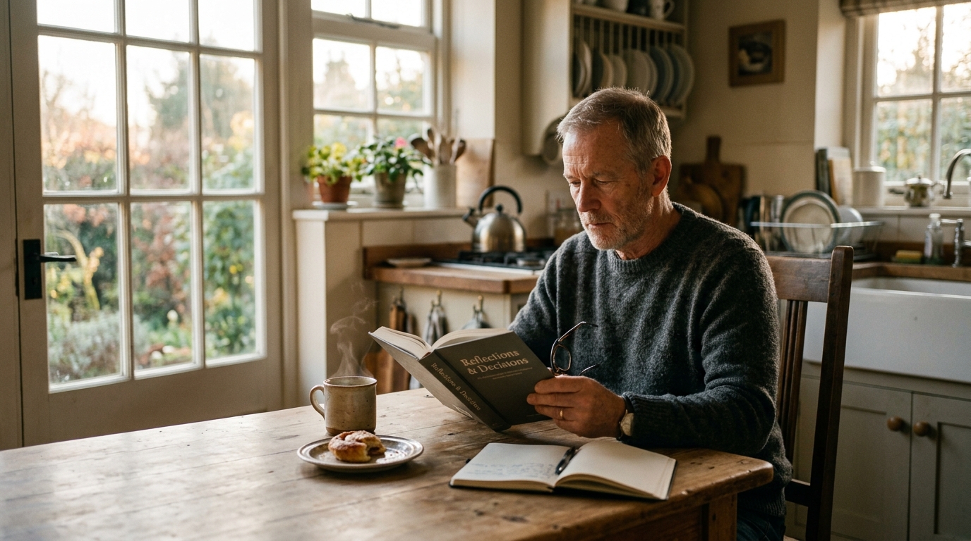 man having moment of realization at kitchen table