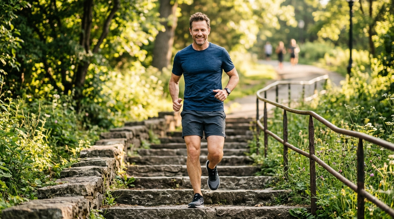 man walking energetically up stone steps