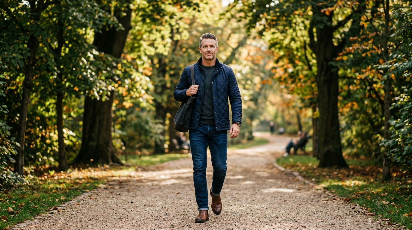 confident man walking forward on tree lined path